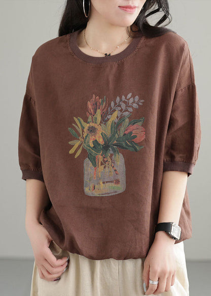 Chocolate Print Linen Tank Tops O-neck Oversized Short Sleeve