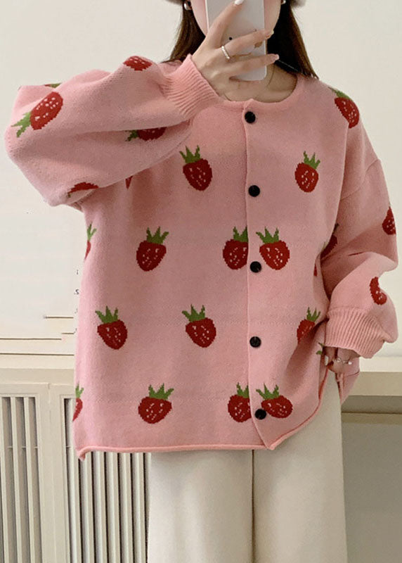 Pink Strawberry Cotton Knit Sweaters Coats Fall