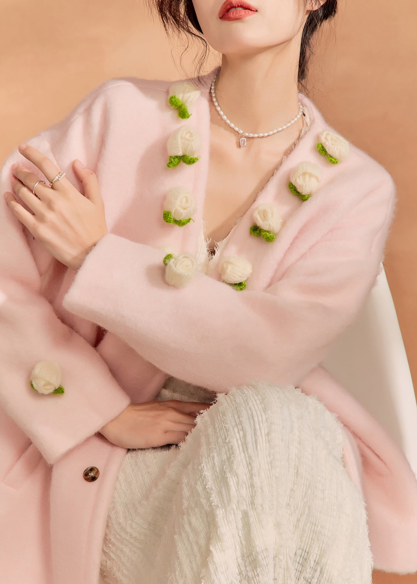 French Pink V Neck Button Woolen Coat Winter