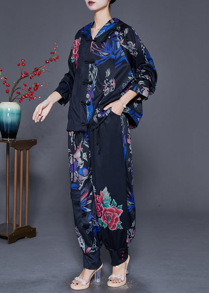 Black Oversized Print Chinese Button Two Pieces Set Fall