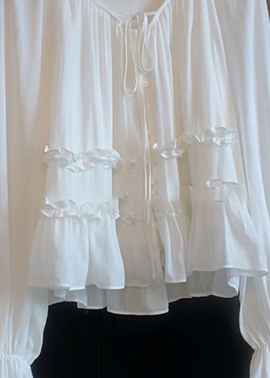 White Lace Up Ruffled Cotton Shirt Top Flare Sleeve