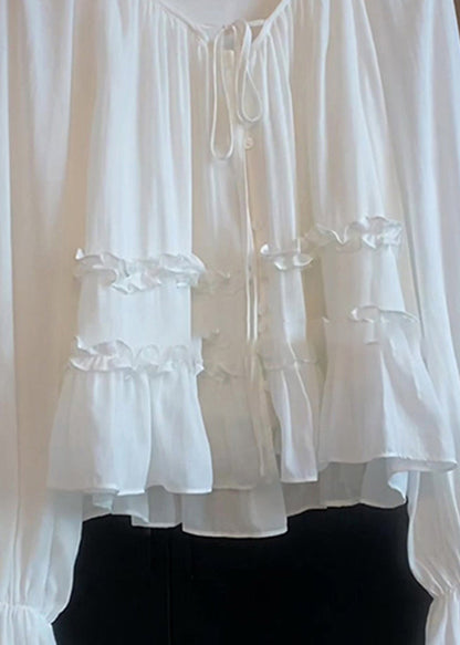 White Lace Up Ruffled Cotton Shirt Top Flare Sleeve