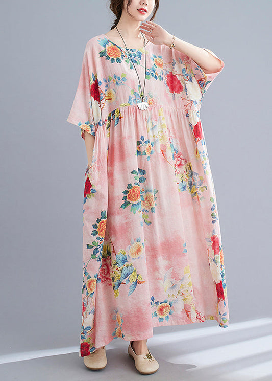 Pink O-neck Cinched Print Beach Dress Short Sleeve