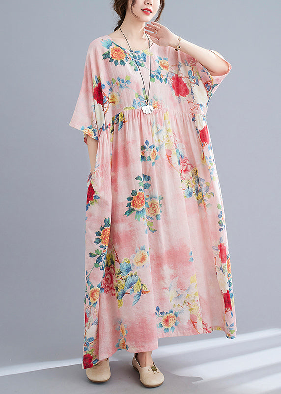 Pink O-neck Cinched Print Beach Dress Short Sleeve