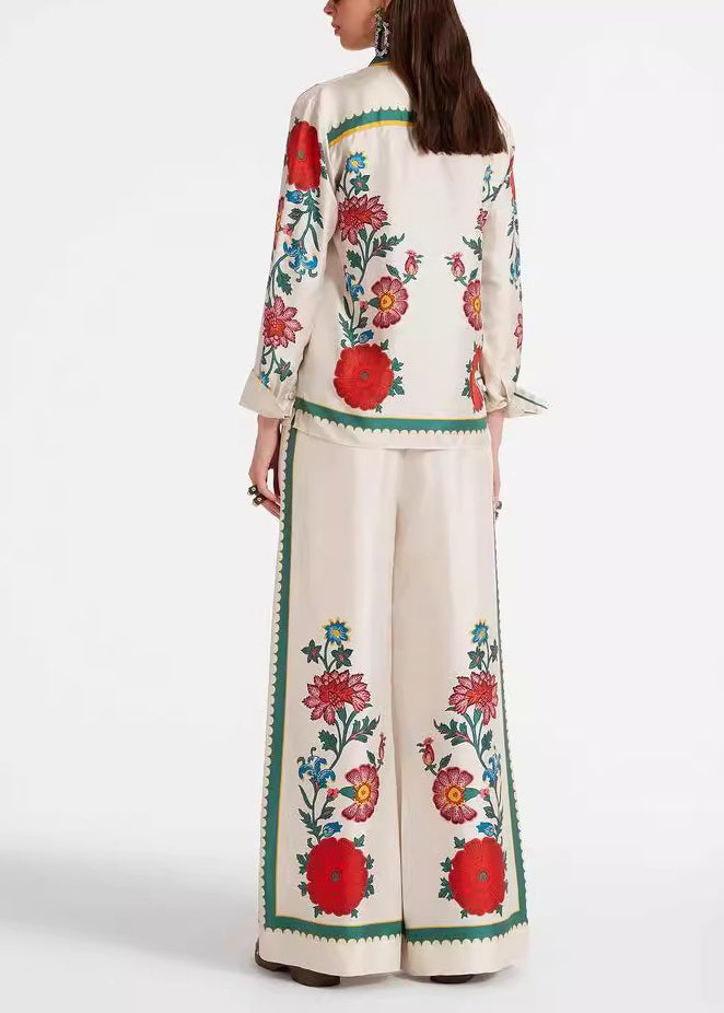 Peter Pan Collar Print Ice Silk Two Pieces Set Long Sleeve