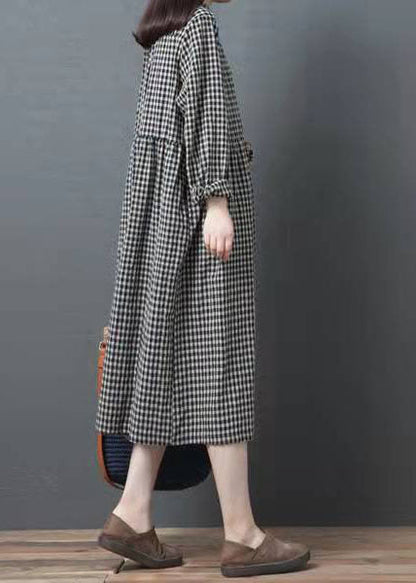 French Black Plaid Clothes Lapel Patchwork Traveling Dresses