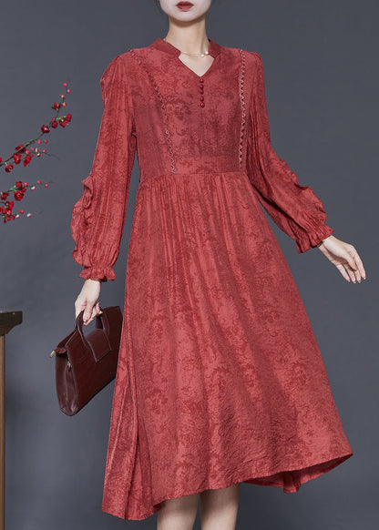Red Ruffled Jacquard Cotton Robe Dresses Spring