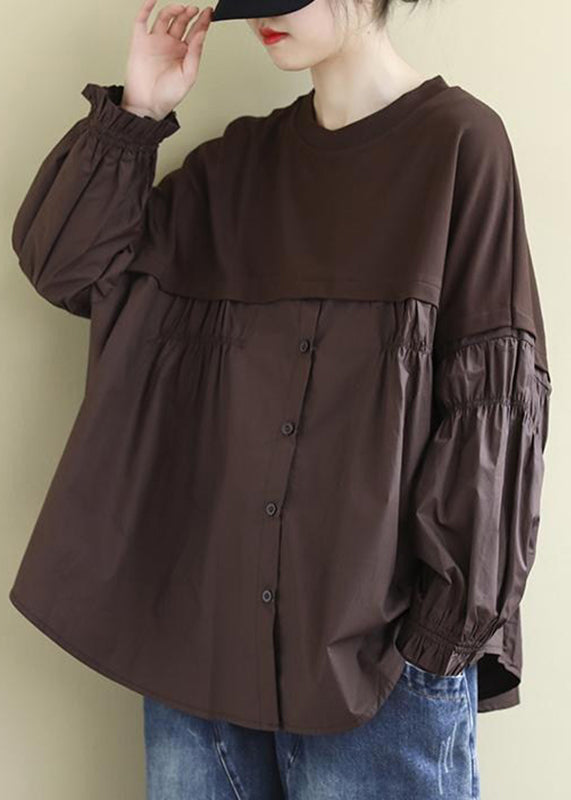 Loose Black O-neck Patchwork Button Cotton Top Long Sleeve