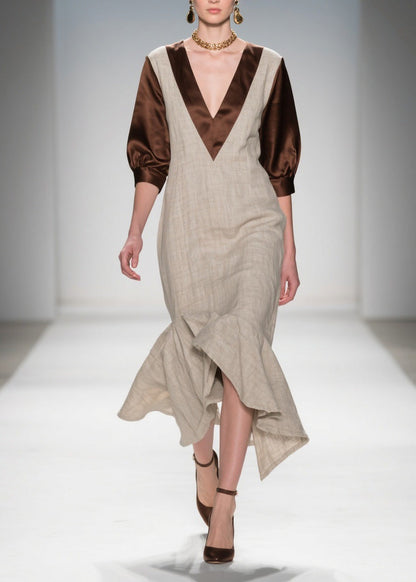 V Neck Ruffled Patchwork Linen Silk Dress Summer