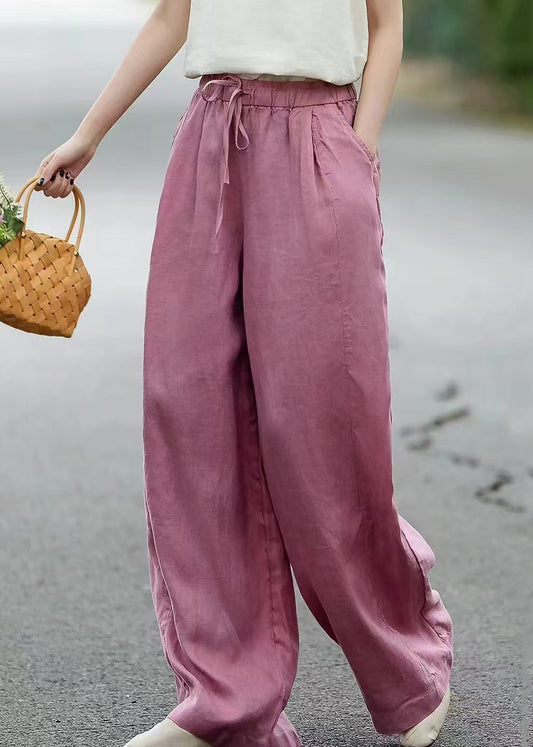 Pink Linen Summer Straight Pants Elastic Waist