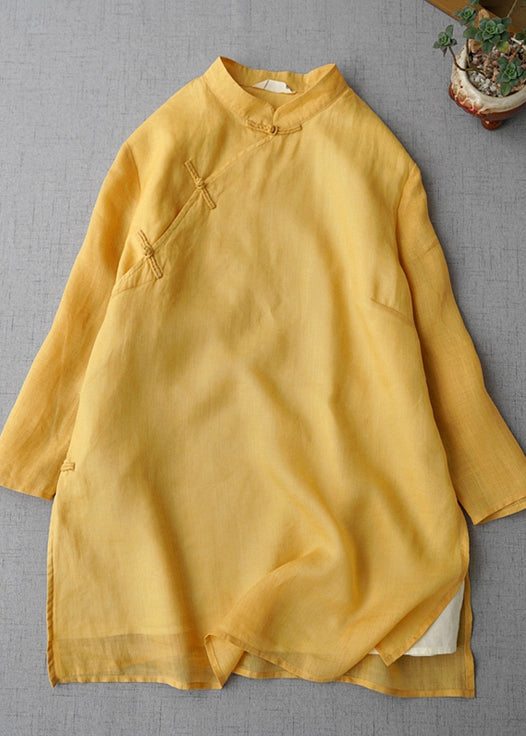 Yellow Stand Collar Chinese Button Linen Shirt Bracelet Sleeve