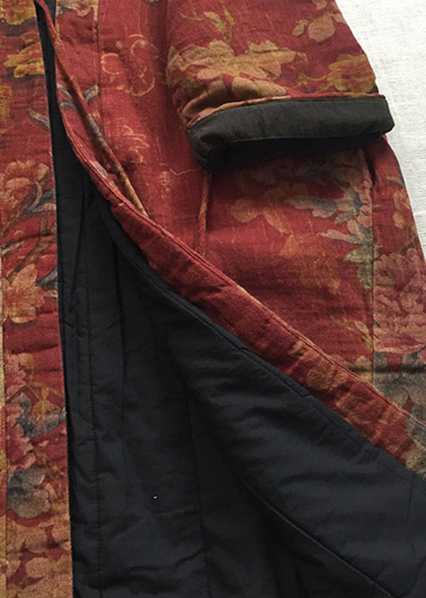Red V Neck Print Fine Cotton Filled Long Coat Spring