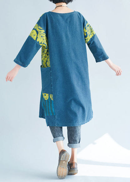 Blue O-neck Side Open Print Sweatshirts Dresses Spring
