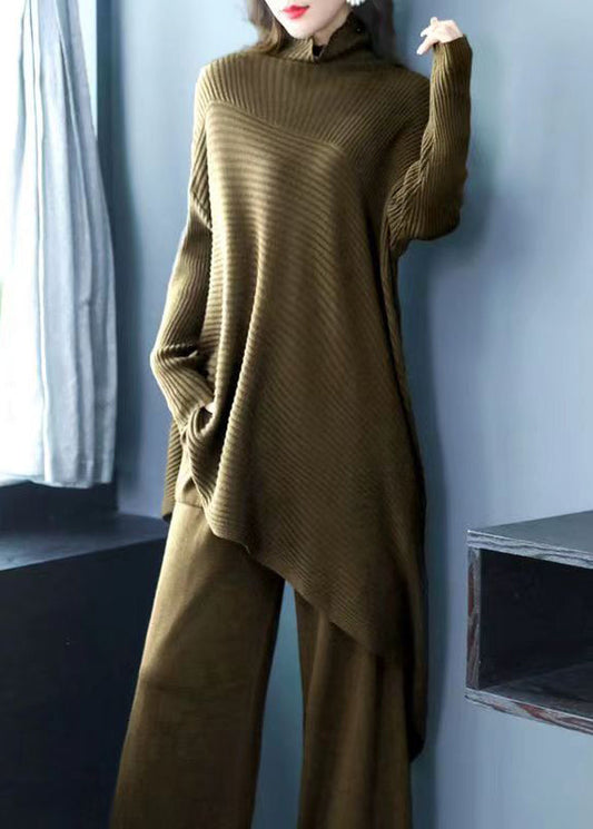 Blackish Green Hign Neck Patchwork Woolen Two Piece Suit Set Fall