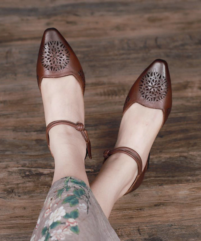 Coffee Splicing Hollow Out Lace Up Chunky Cowhide Leather Sandals