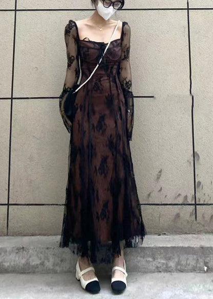 French Black Square Collar Patchwork Lace Long Dress Flare Sleeve