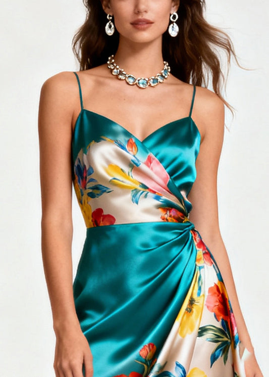 Peacock Green Asymmetrical Patchwork Tulle Silk Cami Dress Summer