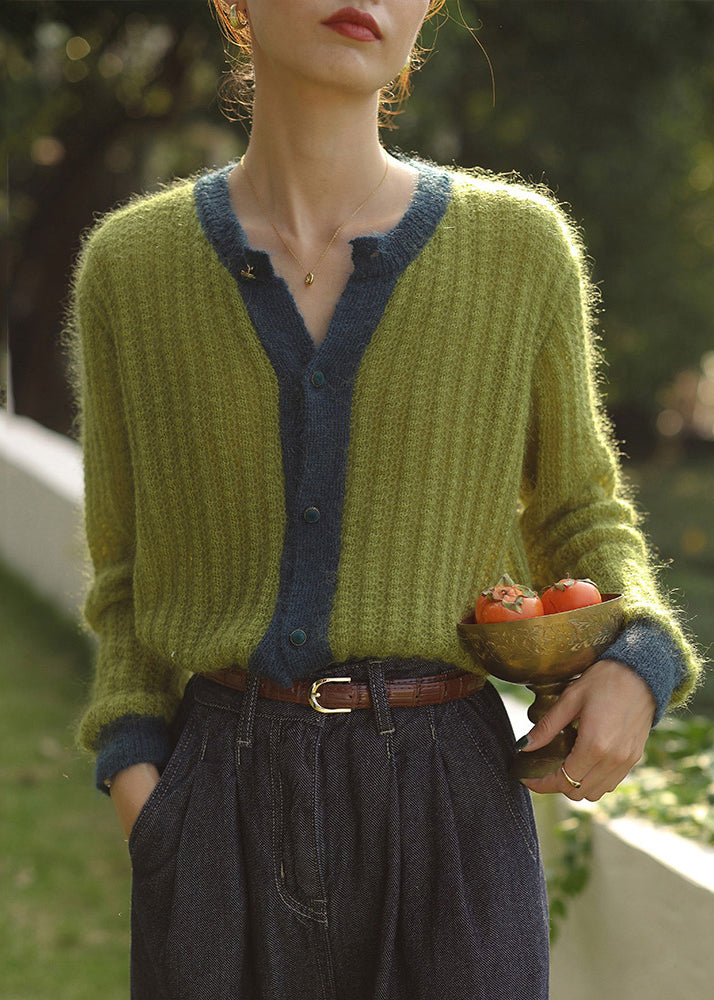 Green Button Patchwork Cozy Knit Top Long Sleeve