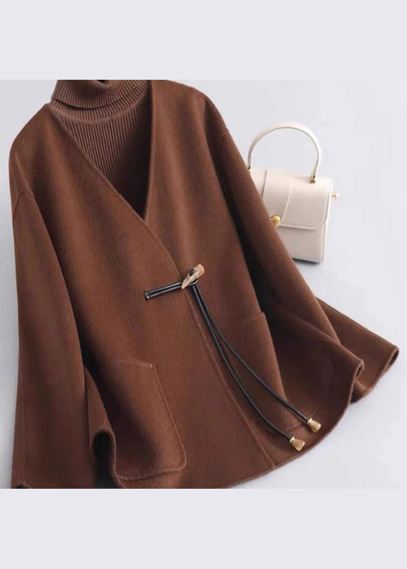 Black V Neck Pockets Woolen Coat Winter