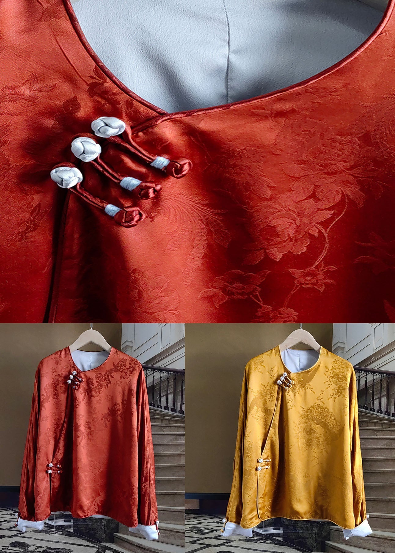 Orange Chinese Button Jacquard Patchwork Silk Blouses Spring