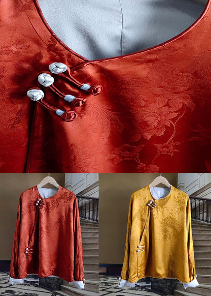 Orange Chinese Button Jacquard Patchwork Silk Blouses Spring