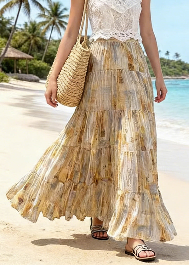 Light Yellow Wrinkled Print Patchwork Chiffon Skirts Summer