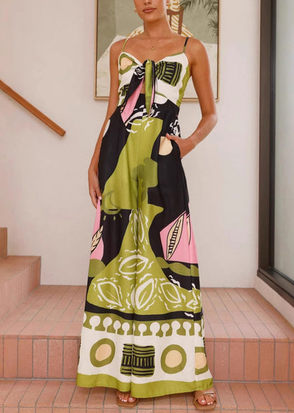 French Green Slash Neck High Waist Jumpsuit Sleeveless