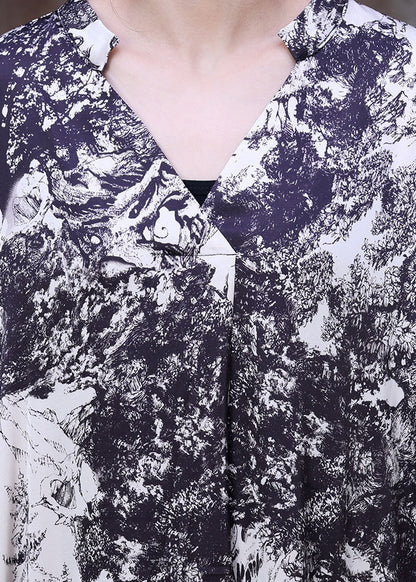 White V Neck Asymmetrical Design Tie Dye Silk Dress Long Sleeve