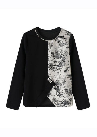 Black O-neck Asymmetrical Print Patchwork Tops Fall