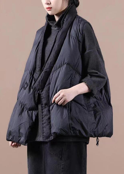 Black V Neck Pockets Patchwork Duck Down Waistcoat Sleeveless