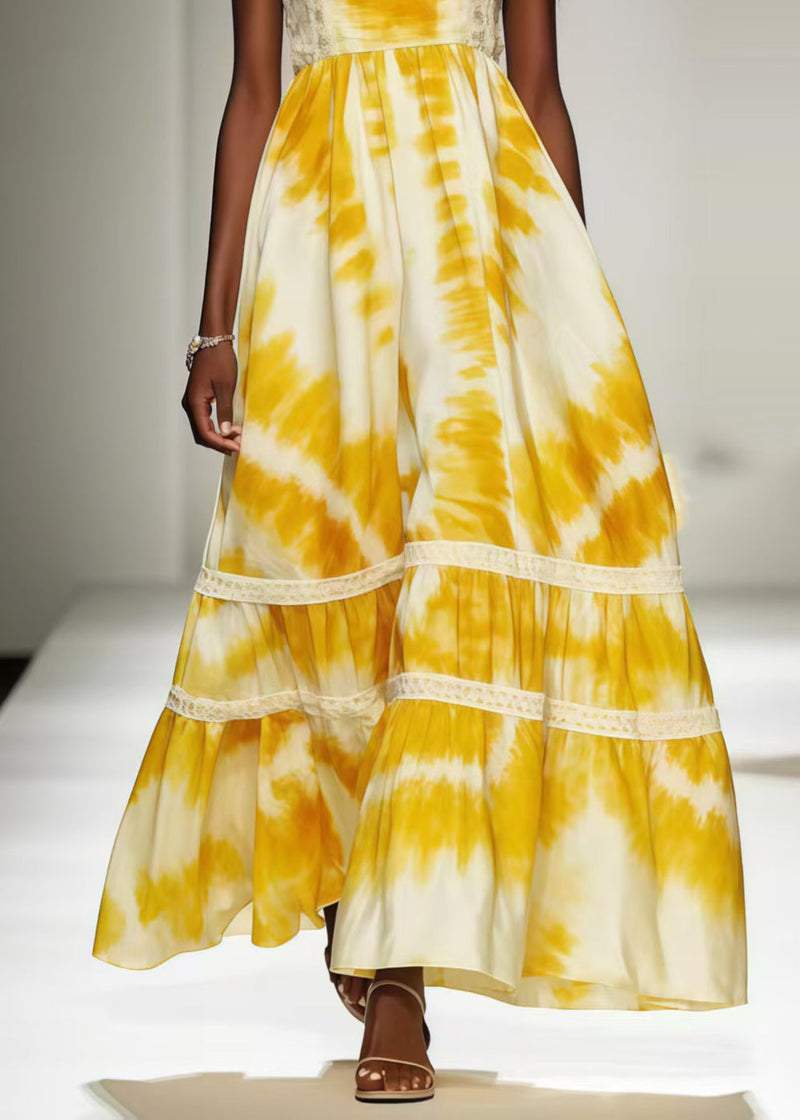 Yellow Tie Dye Exra Large Hem Chiffon Strapless Dress Summer