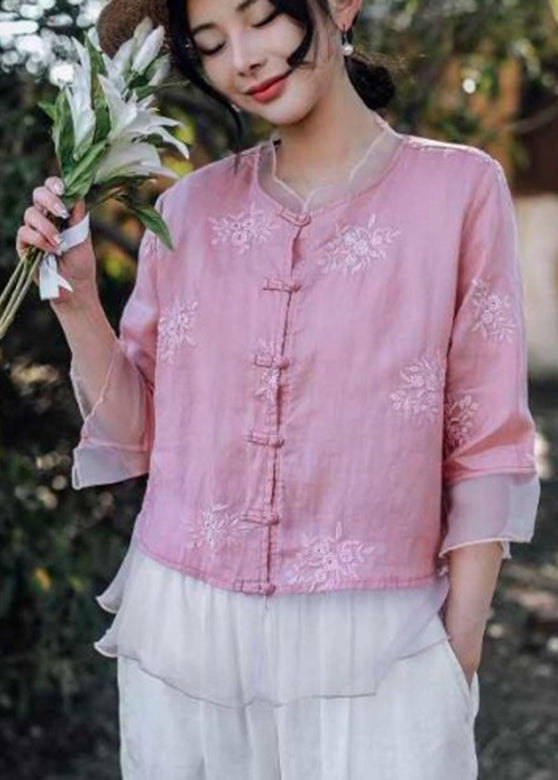 Handmade Pink O-neck Embroidered Button Shirts Summer