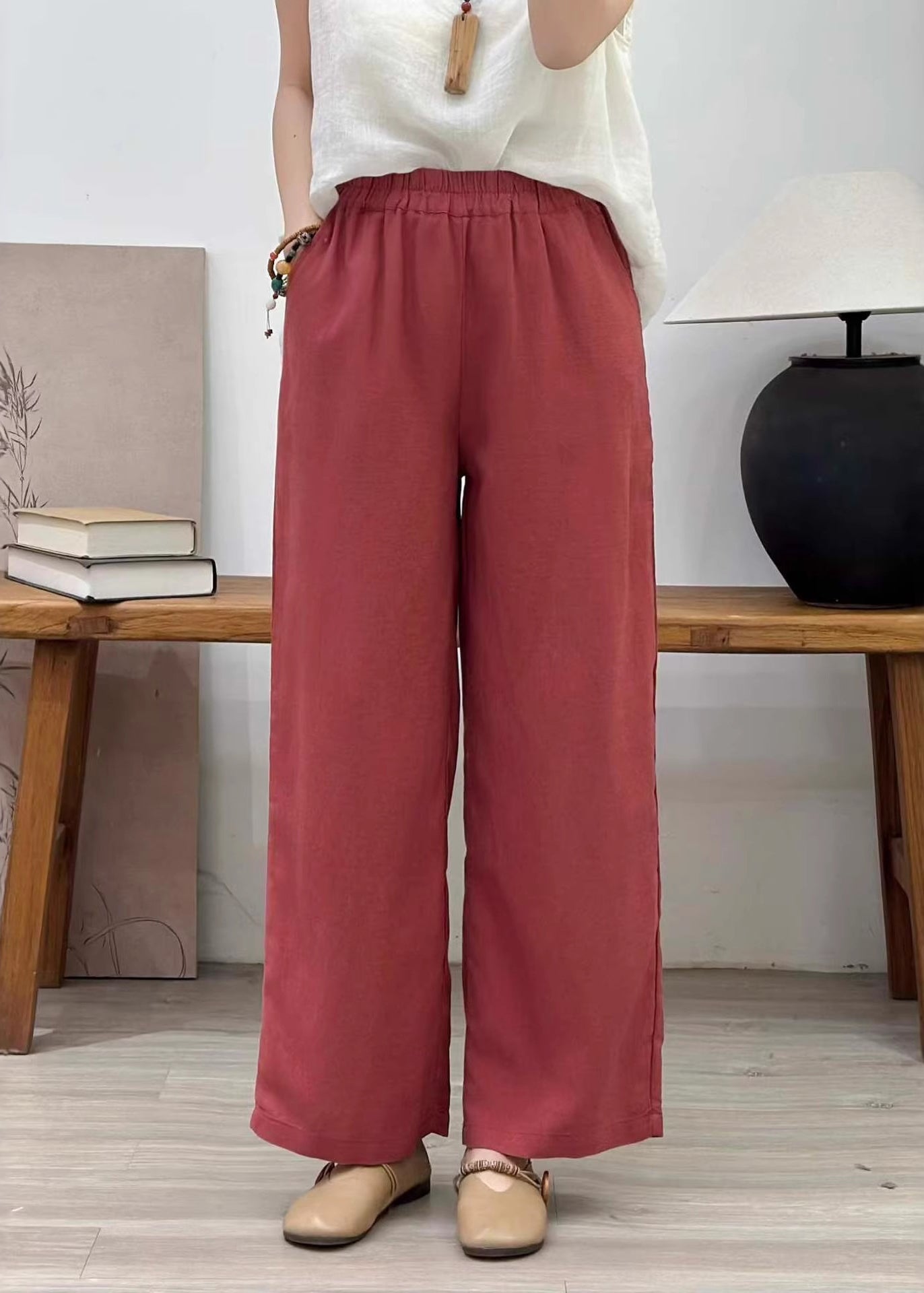 Orange Elastic Waist Linen Straight Pants Summer
