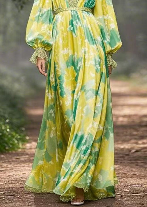 Fine Green Print High Waist Chiffon Maxi Dresses Flare Sleeve Fall