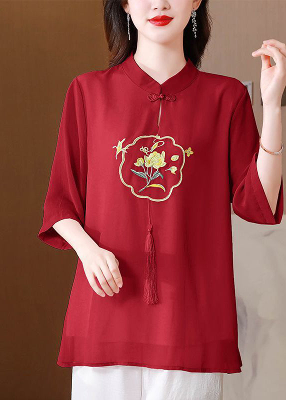 Red Embroidered Tasseled Silk Blouse Tops Summer