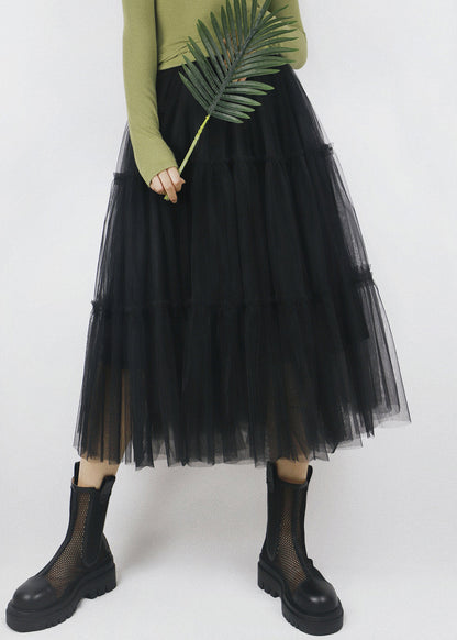 Black Elastic Waist Patchwork Tulle Skirt Ruffled