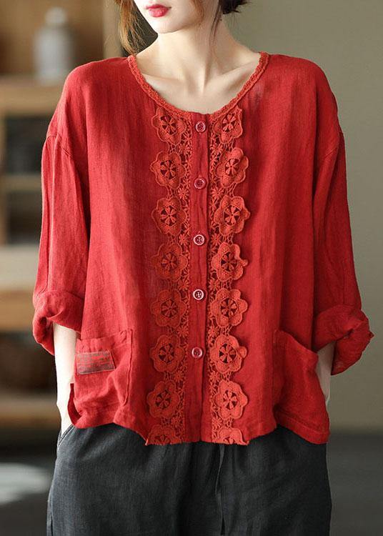 Green Retro O-neck Button Fall Shirt Tops Long Sleeve