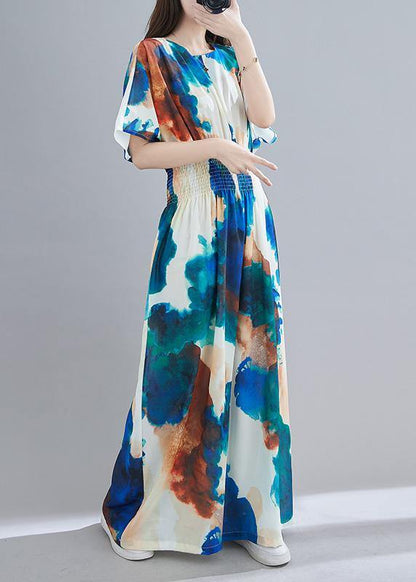 Summer New Light Blue Print Close Waist Jumpsuit