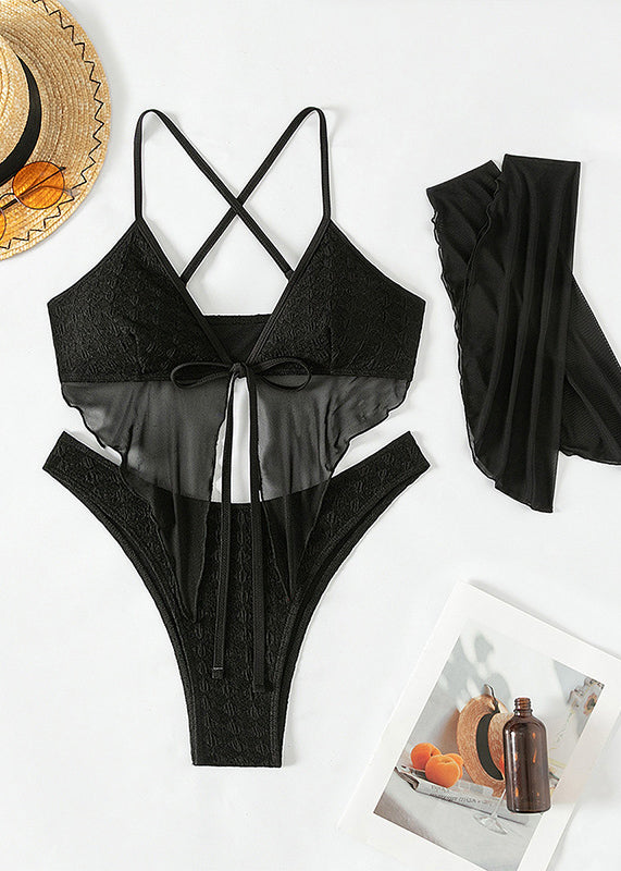 Black Lace Up Ruffled Beach Swimwear Set