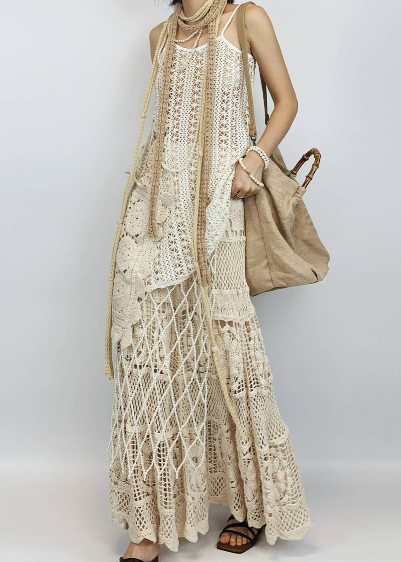 Beige Hollow Out Asymmetrical Design Knit Two-piece Set Summer