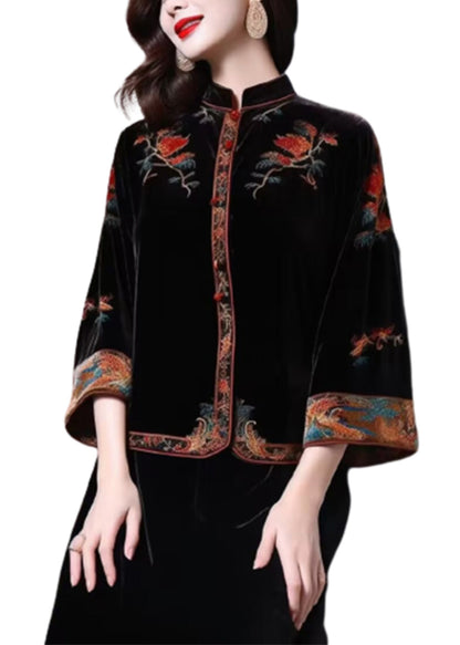New Black Stand Collar Embroideried Patchwork Silk Velour Top Fall