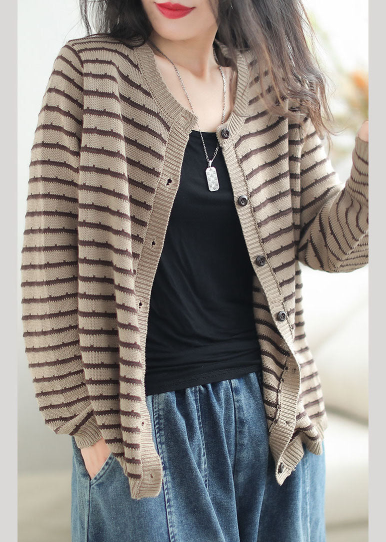 Black O-neck Striped Patchwork Button Cozy Cotton Knit Sweaters Coats Fall