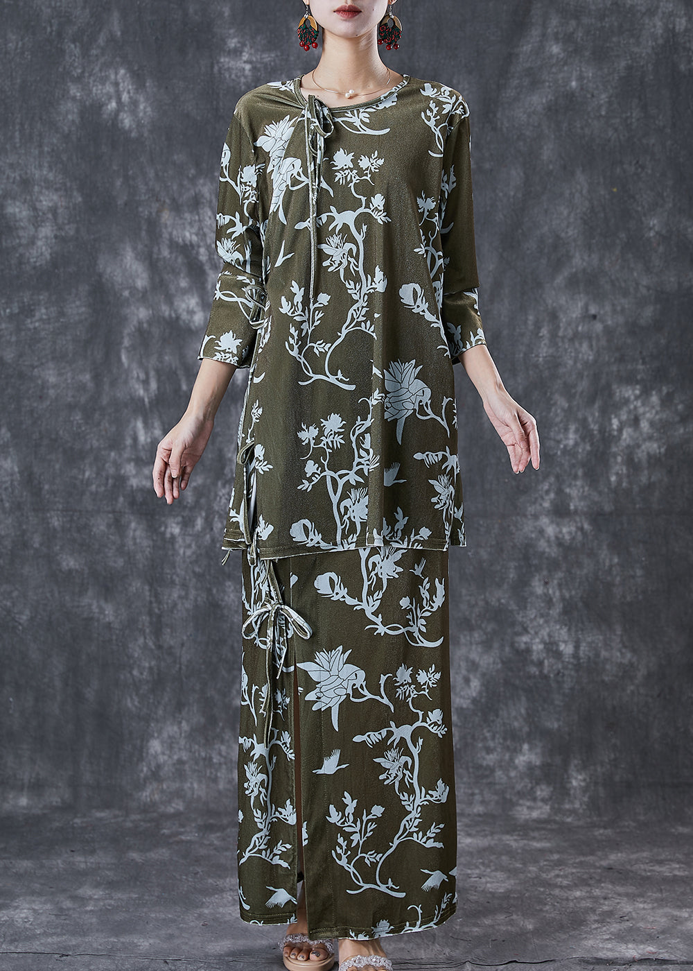 Green Print Lace Up Side Open Silk Velour Two Pieces Set Spring