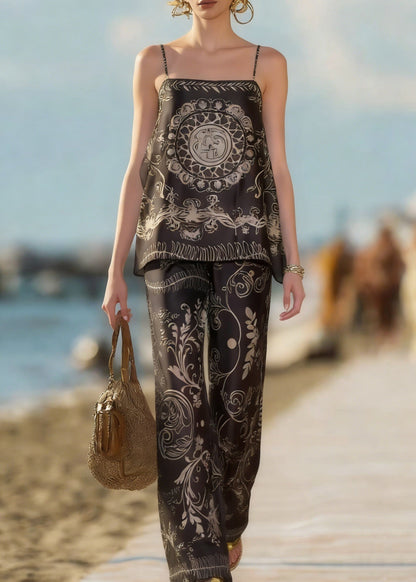 Black Print Spaghetti Strap Tank and Pants Silk Cotton Two Piece Set Sleeveless