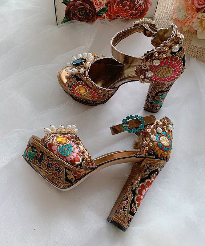 Red Zircon Nail Bead Embroidered Platform Heels Sandals