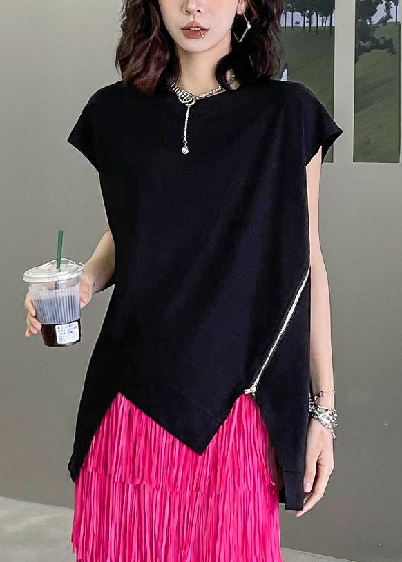 Modern Black O-neck Asymmetrical Patchwork Cotton T Shirt Summer
