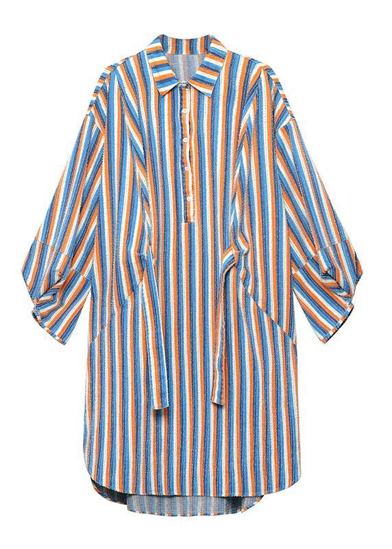 Unique Tie Waist Button Side Open Fall Striped Dress Long Sleeve