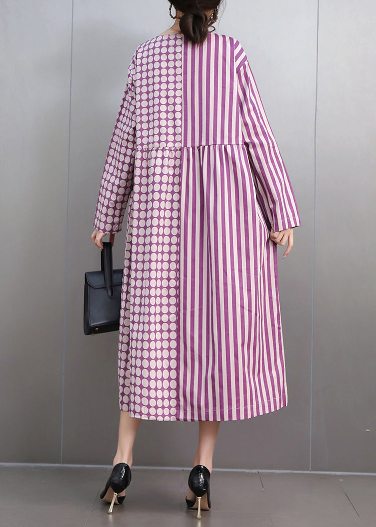 Stylish Purple O-neck Patchwork Dot Maxi Dress Fall