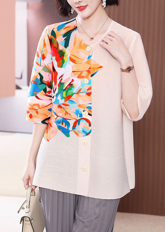 Classy Apricot O-neck Print Button Shirt Half Sleeve
