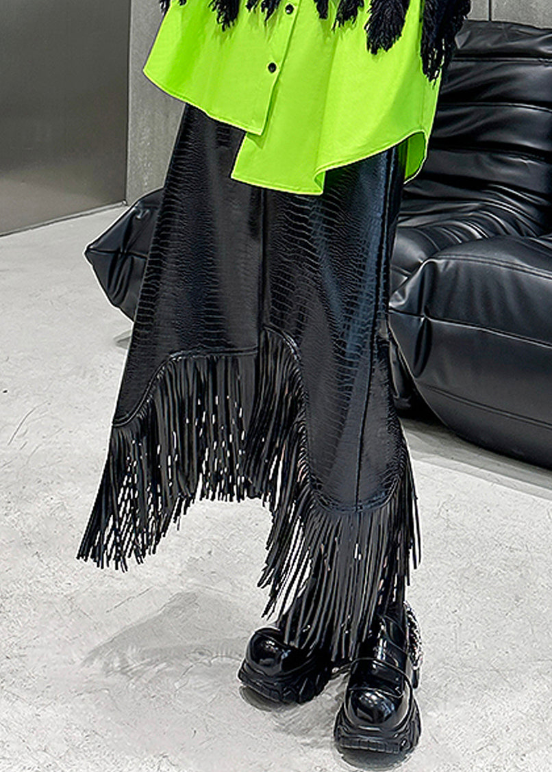 Black High Waist Tassel Patchwork Faux Leather a Line Skirt Fall